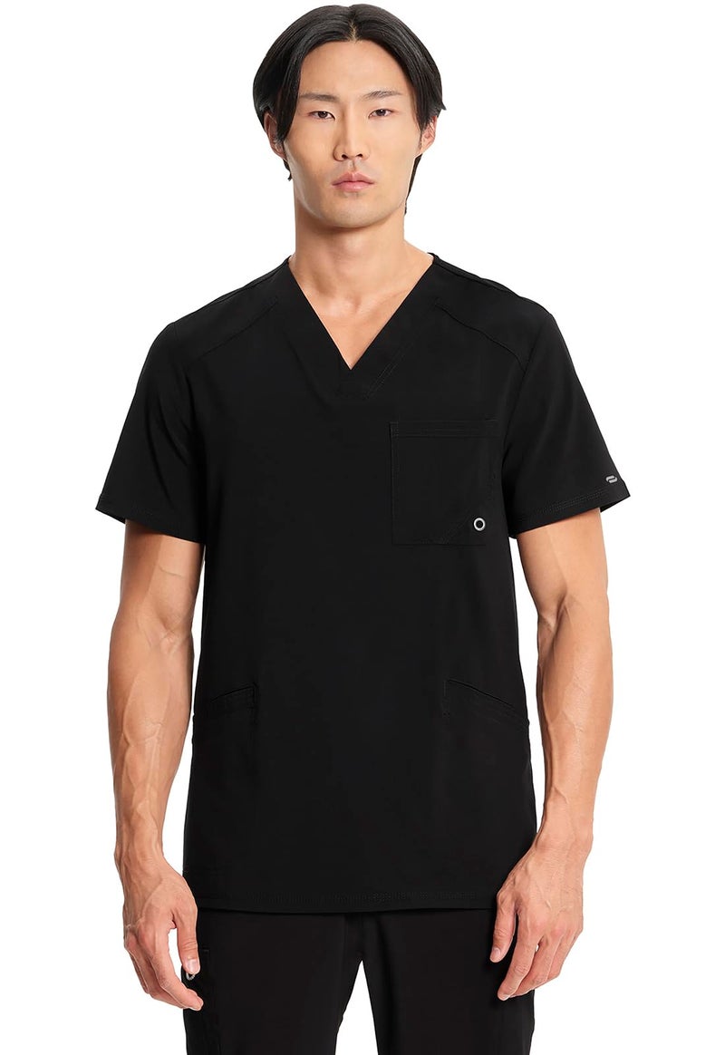 Infinity Cherokee V- Neck Men's Scrub Top with Rib Knit Back Panels with 3 Pockets and 360 Stretch CK900A, S, Black - Image 1