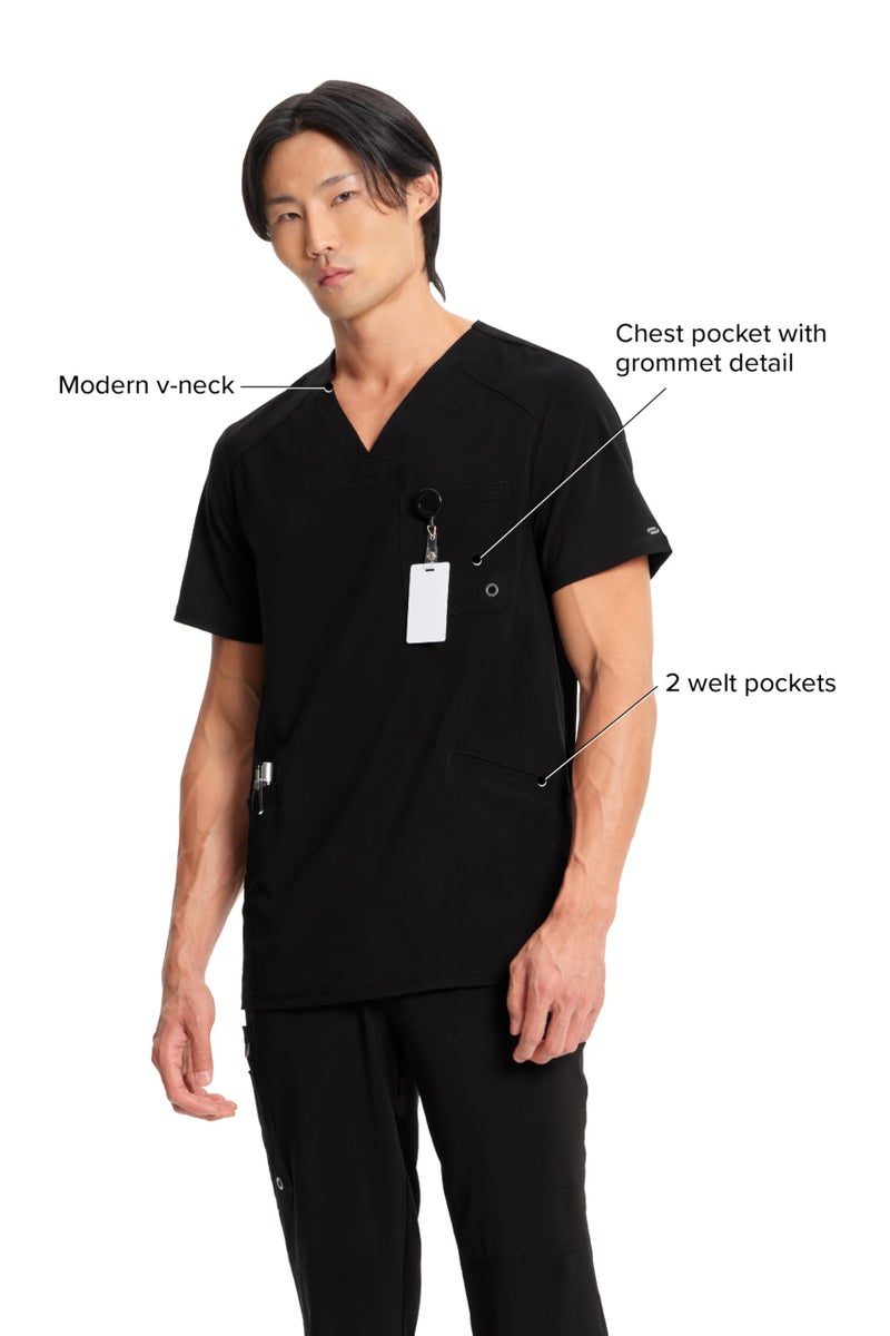 Infinity Cherokee V- Neck Men's Scrub Top with Rib Knit Back Panels with 3 Pockets and 360 Stretch CK900A, S, Black - Image 4
