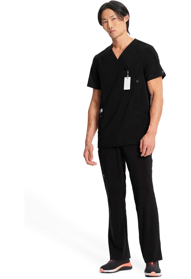 Infinity Cherokee V- Neck Men's Scrub Top with Rib Knit Back Panels with 3 Pockets and 360 Stretch CK900A, S, Black - Image 3
