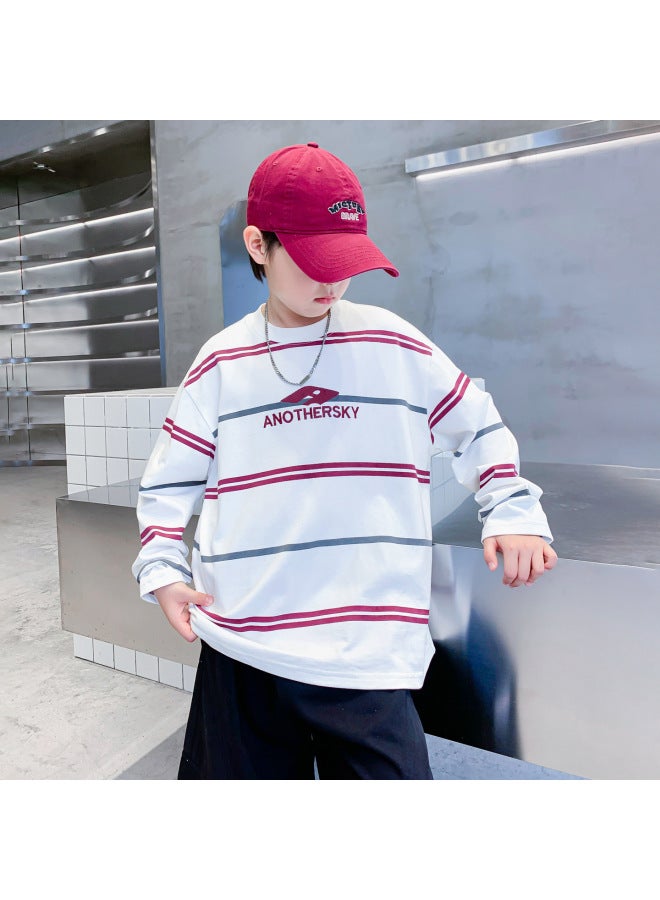 Boys' Spring Korean-style Striped Sports Long-sleeve T-shirt  New Model Youth Children's Pure Cotton Loose Top