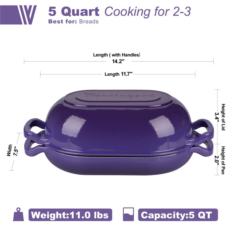 VORRINGARD Enameled Cast Iron Sourdough Bread Oven, Dutch Oven, Loaf Cast Iron Bread Pan for Homemade Bread Baking, Meatloaf Pan with Lid, 5QT, Purple - Image 2