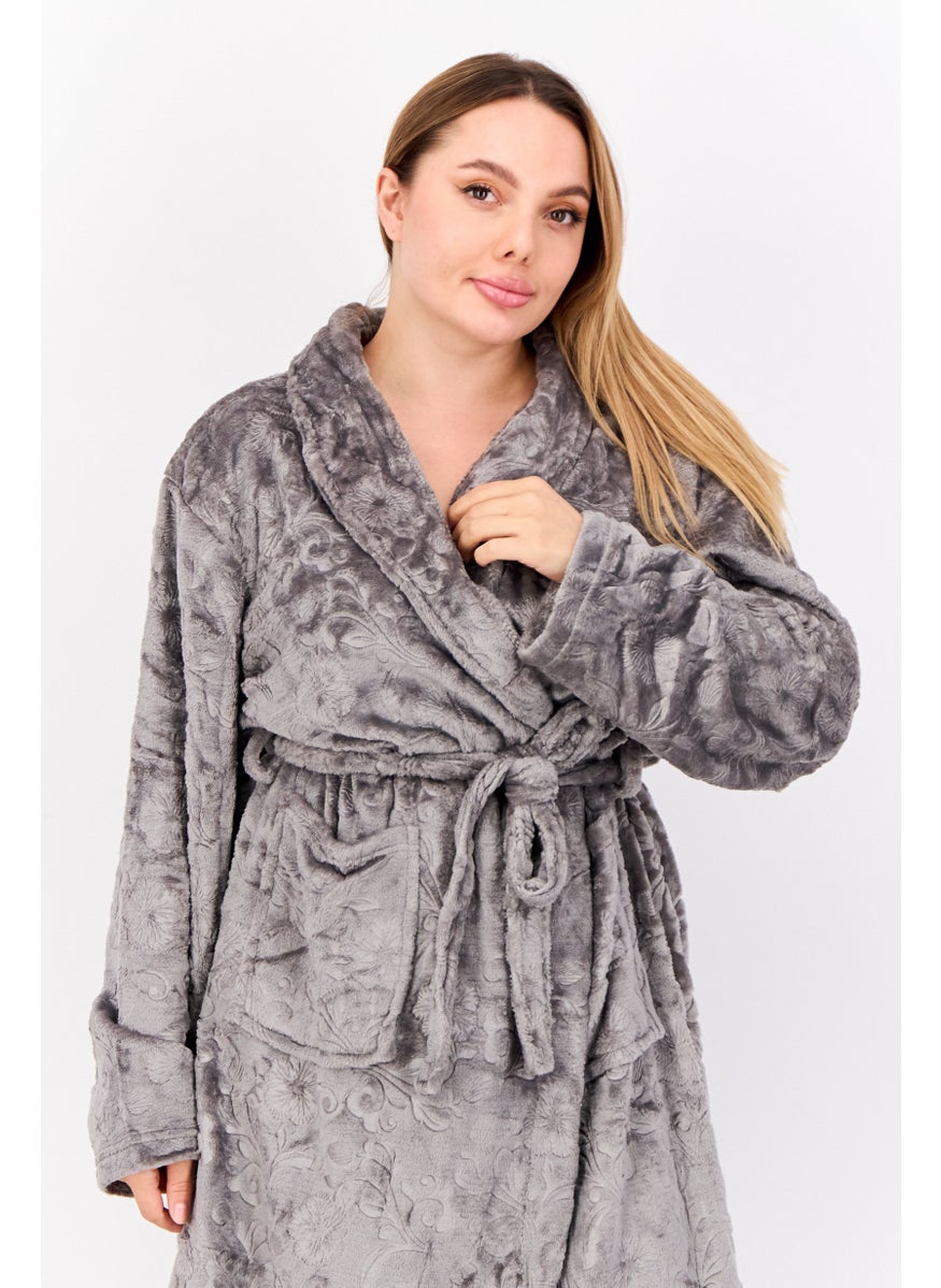 Marilyn Monroe - Women Belted Embossed Bath Robe, Grey - Image 1