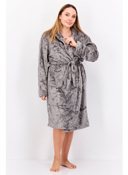 Women Belted Embossed Bath Robe, Grey