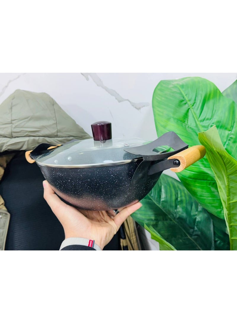 طاسة جرانيت غير لاصقة بمقابض خشبية – تصميم أنيق ومتانة عالية للطهي اليومي - مقاس كبير - Image 1