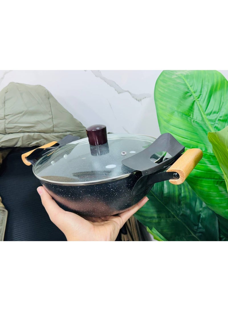 طاسة جرانيت غير لاصقة بمقابض خشبية – تصميم أنيق ومتانة عالية للطهي اليومي - مقاس كبير - Image 2