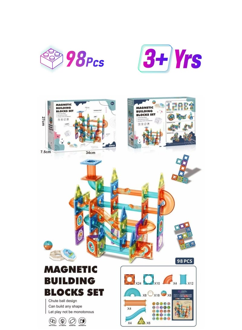 98PCS Magnetic Building Blocks Set for Kids – STEM Educational DIY Marble Run Track Toy with Tubes, Slides  Strong Magnets – Creative Puzzle Construction Gift for Ages 3+ 🧲 - Image 1