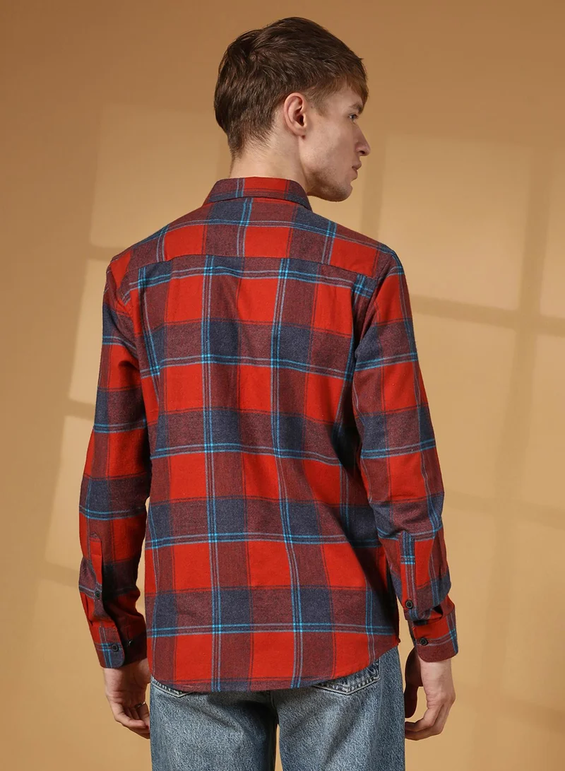 كامبوس سوترا Men's Scarlet Red & Steel Blue Buffalo Check Utility Shirt