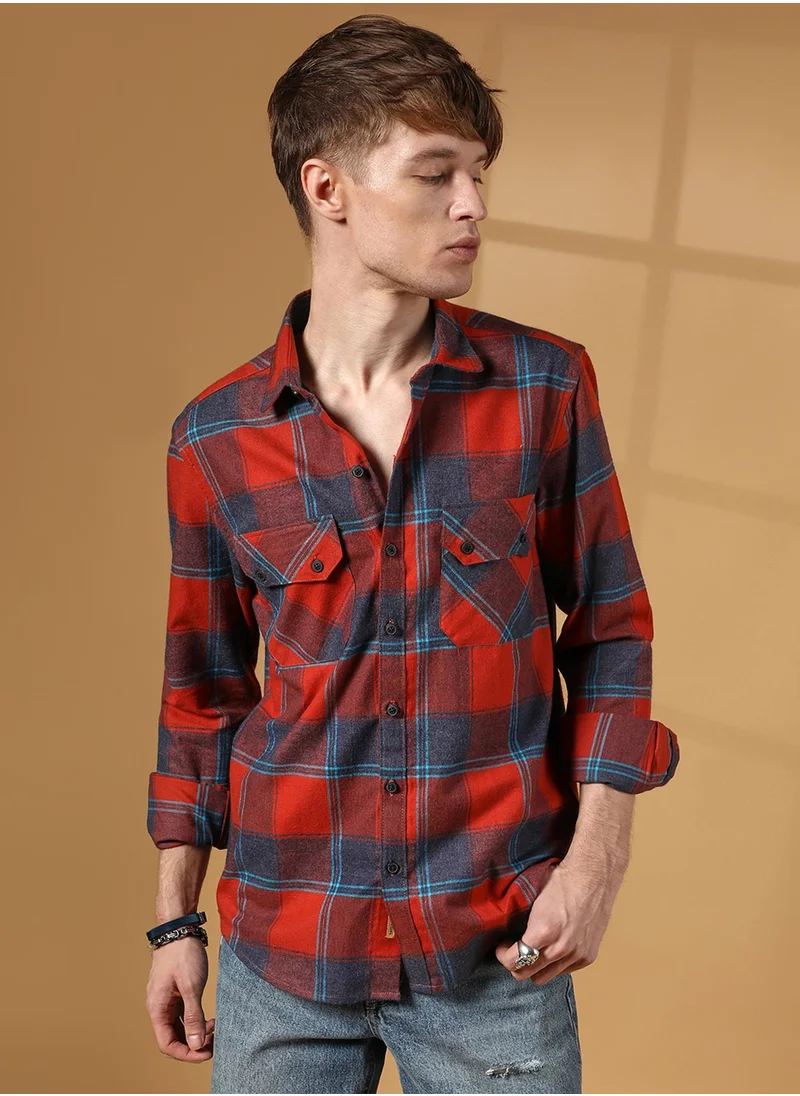 Campus Sutra Men's Scarlet Red & Steel Blue Buffalo Check Utility Shirt