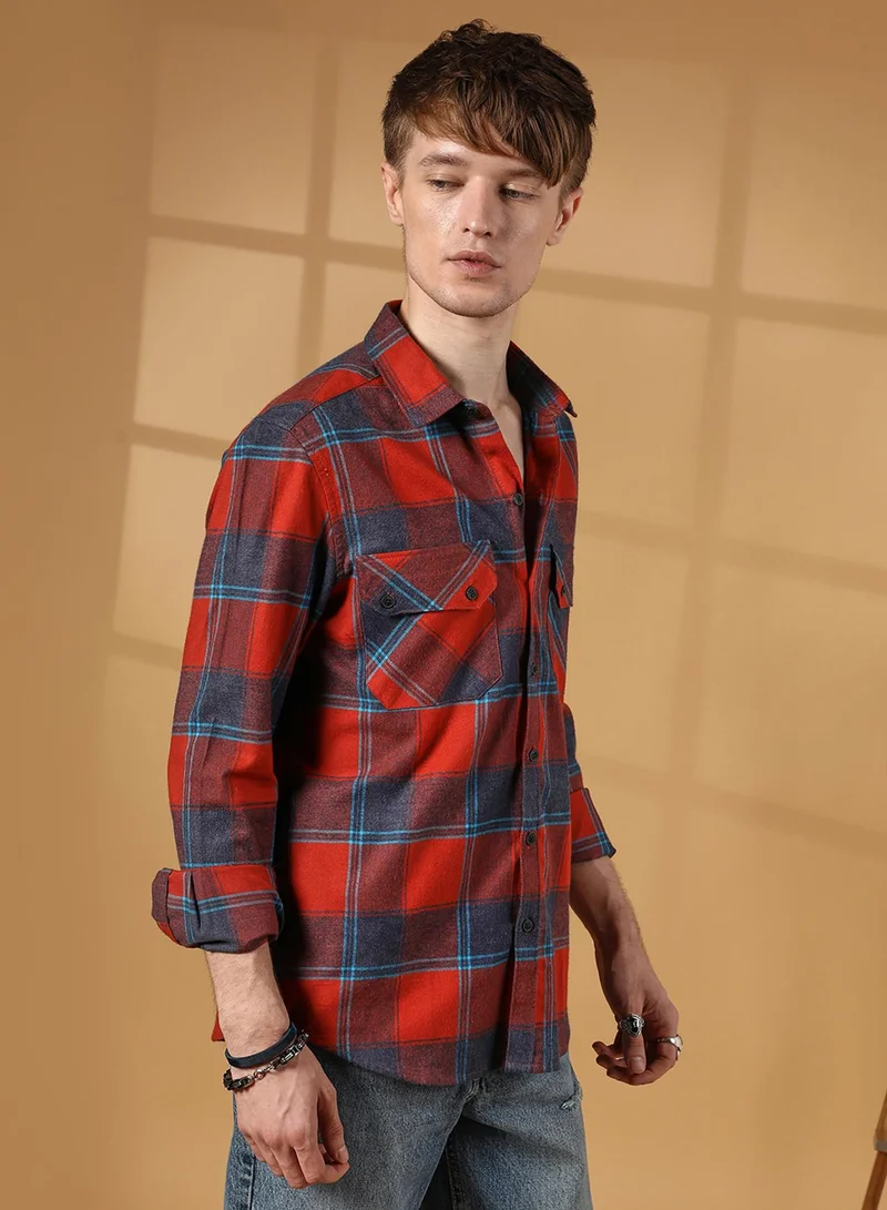 كامبوس سوترا Men's Scarlet Red & Steel Blue Buffalo Check Utility Shirt