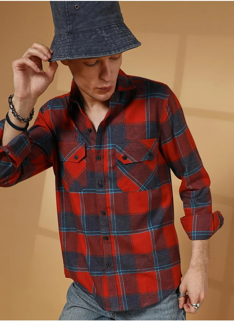 Campus Sutra Men's Scarlet Red & Steel Blue Buffalo Check Utility Shirt