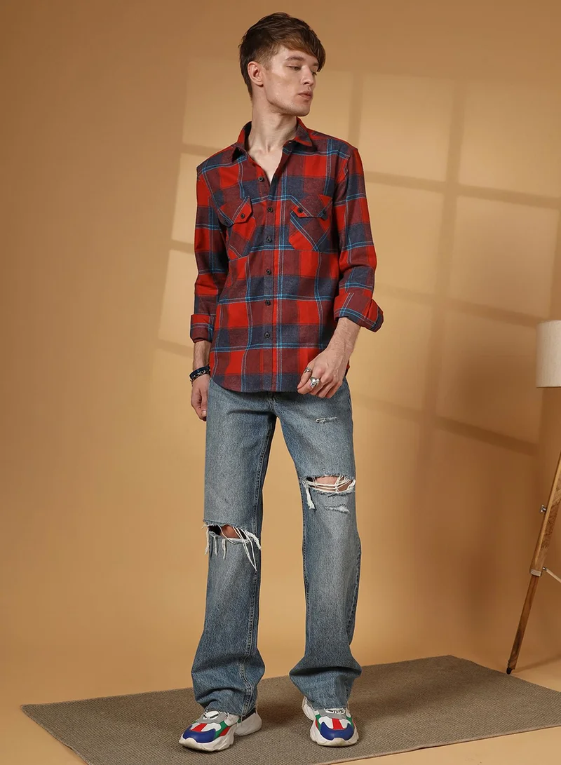 كامبوس سوترا Men's Scarlet Red & Steel Blue Buffalo Check Utility Shirt