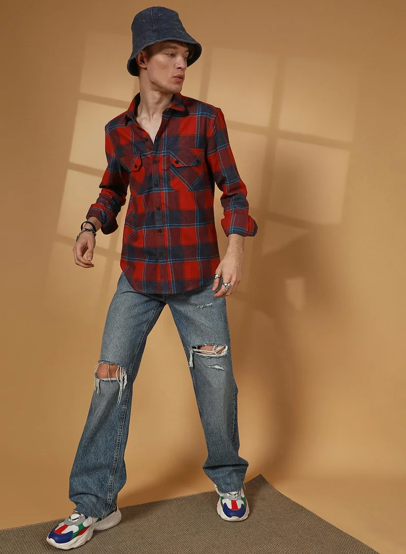 كامبوس سوترا Men's Scarlet Red & Steel Blue Buffalo Check Utility Shirt