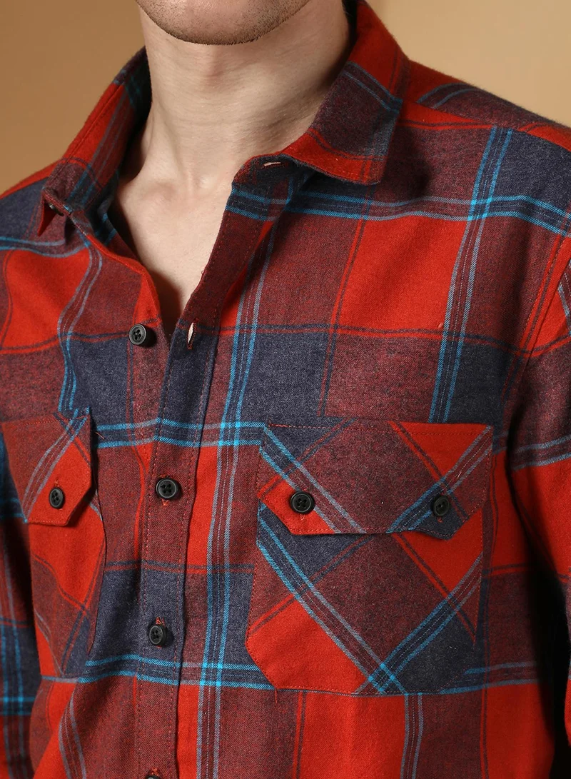 كامبوس سوترا Men's Scarlet Red & Steel Blue Buffalo Check Utility Shirt