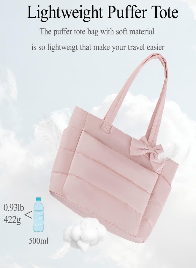 CTWWFS Puffer Tote Bag for Women, Quilted Bow Tote Bag with Cup Holder & 15.6 In Laptop Compartment, Lightweight Puffy Shoulder Bag with Zipper for Work, Travel, Gym, College (Pink) - Image 5