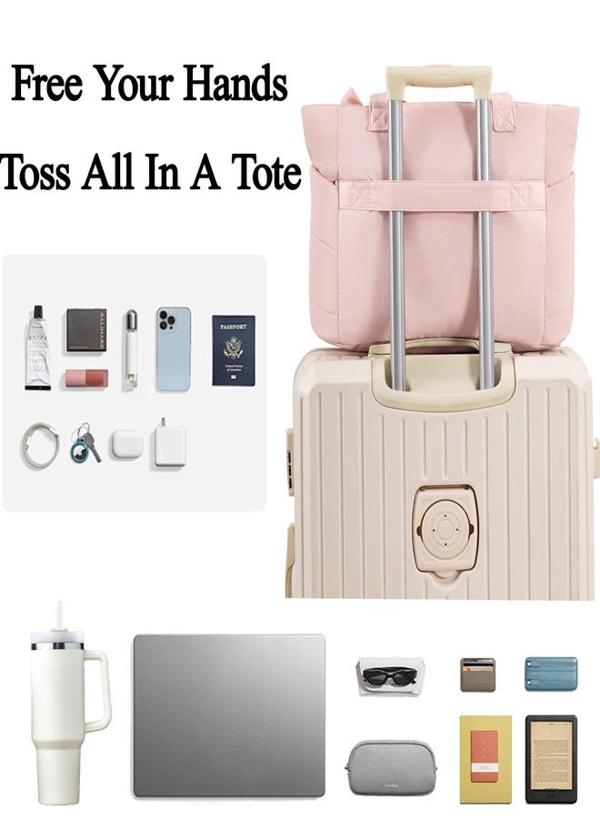 CTWWFS Puffer Tote Bag for Women, Quilted Bow Tote Bag with Cup Holder & 15.6 In Laptop Compartment, Lightweight Puffy Shoulder Bag with Zipper for Work, Travel, Gym, College (Pink) - Image 4