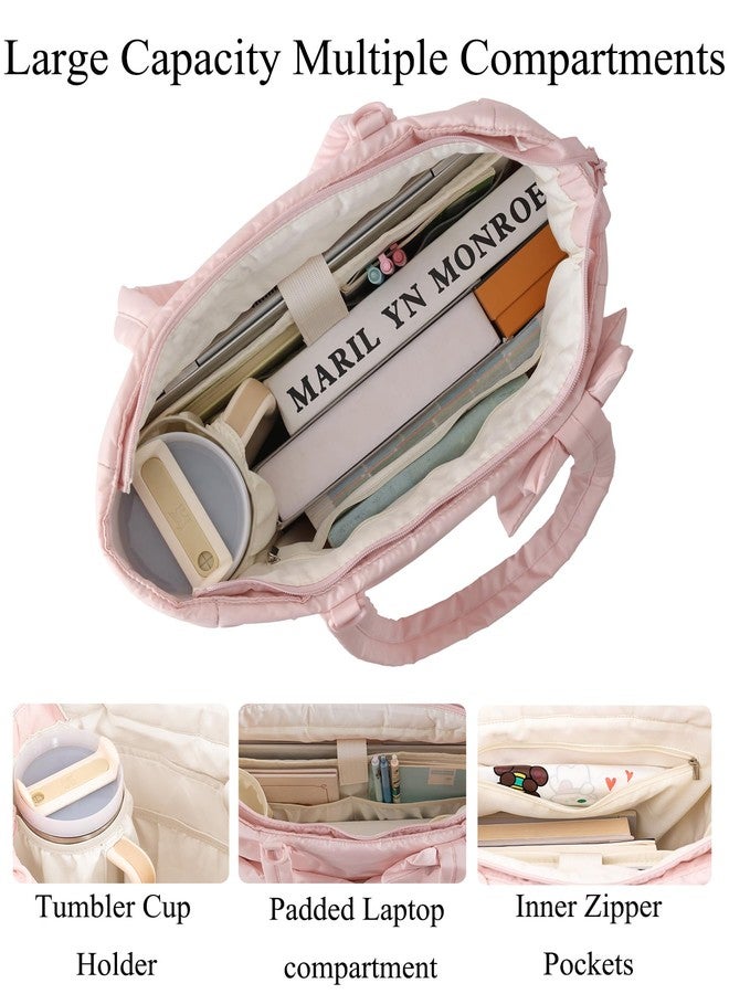 CTWWFS Puffer Tote Bag for Women, Quilted Bow Tote Bag with Cup Holder & 15.6 In Laptop Compartment, Lightweight Puffy Shoulder Bag with Zipper for Work, Travel, Gym, College (Pink) - Image 3