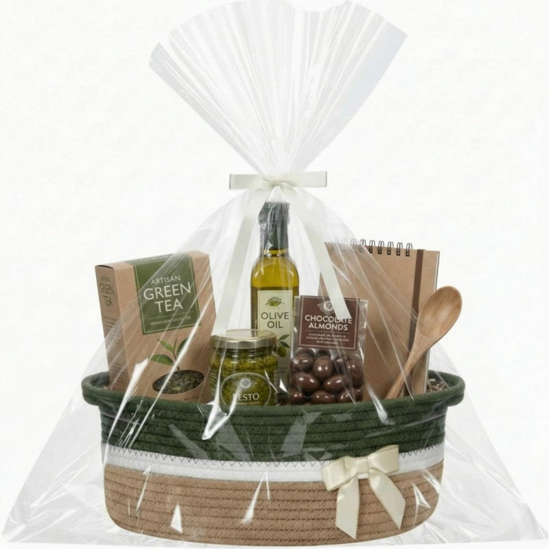 Colingmill Woven Gift Basket Empty with Handles Ribbons Bow Tie Bag 14 x 10 x 55 Inch Medium Decorative Woven Gift Basket Rope Storage Box Home Decor14 x 10 x 55 InchGreen Khaki - Image 2