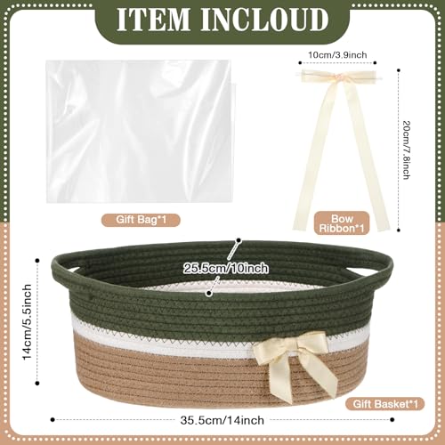 Colingmill Woven Gift Basket Empty with Handles Ribbons Bow Tie Bag 14 x 10 x 55 Inch Medium Decorative Woven Gift Basket Rope Storage Box Home Decor14 x 10 x 55 InchGreen Khaki - Image 3