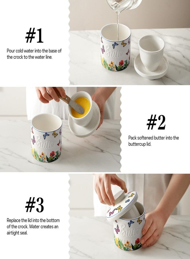 Toptier Butter Crock for Counter With Water Line, On Demand Spreadable Butter, Ceramic Butter Keeper to Leave On Counter, French Butter Dish with Lid (Butterfly Flowers) - Image 4