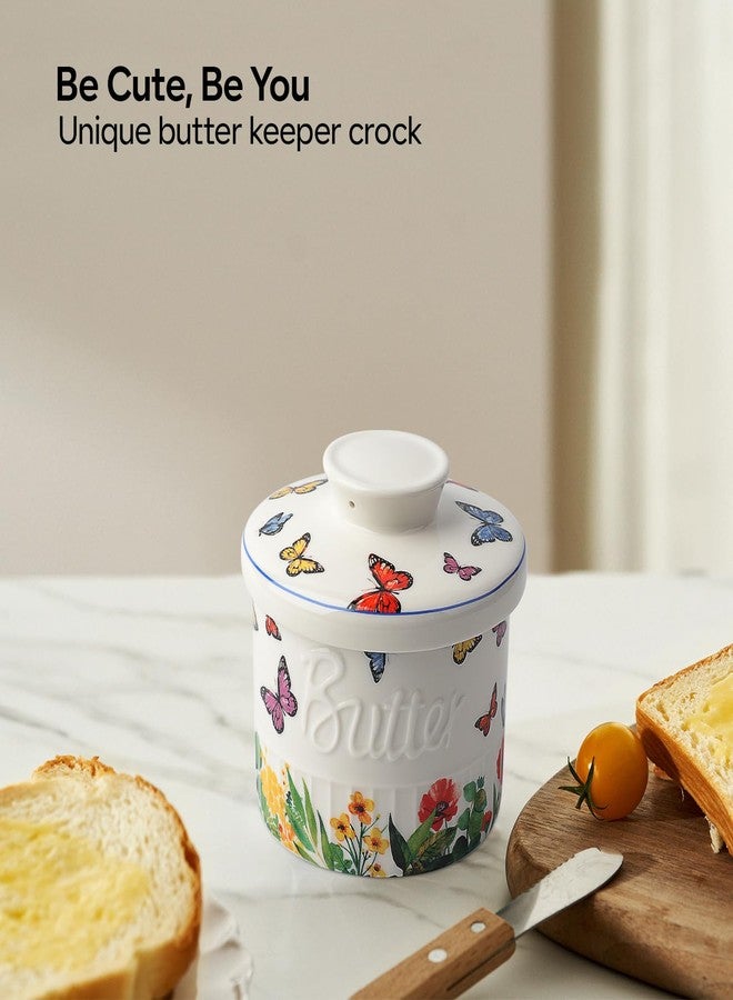 Toptier Butter Crock for Counter With Water Line, On Demand Spreadable Butter, Ceramic Butter Keeper to Leave On Counter, French Butter Dish with Lid (Butterfly Flowers) - Image 2