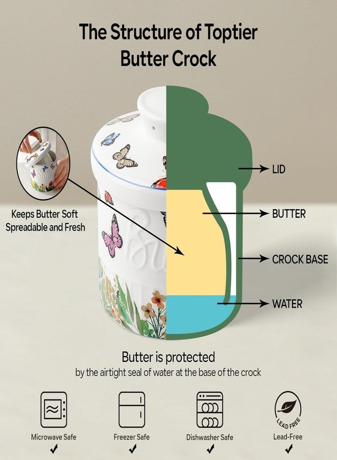 Toptier Butter Crock for Counter With Water Line, On Demand Spreadable Butter, Ceramic Butter Keeper to Leave On Counter, French Butter Dish with Lid (Butterfly Flowers) - Image 5