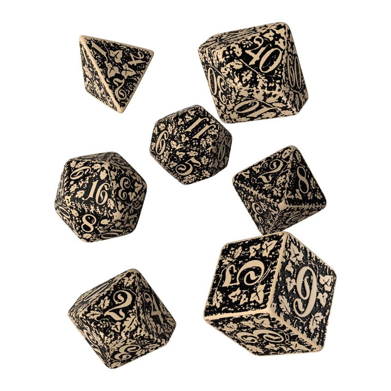 Q WORKSHOP Forest Engraved beige & black RPG ornamented Dice Set 7 polyhedral pieces - Image 1