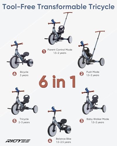 RIDYEE 5in1 Toddler Tricycle for Ages 153 Parent Steering Push Trike ToolFree Convertible to Balance Bike Safety Belt Removable Backrest and Footrest RideOn Toy for Boys Girls Grey - Image 5