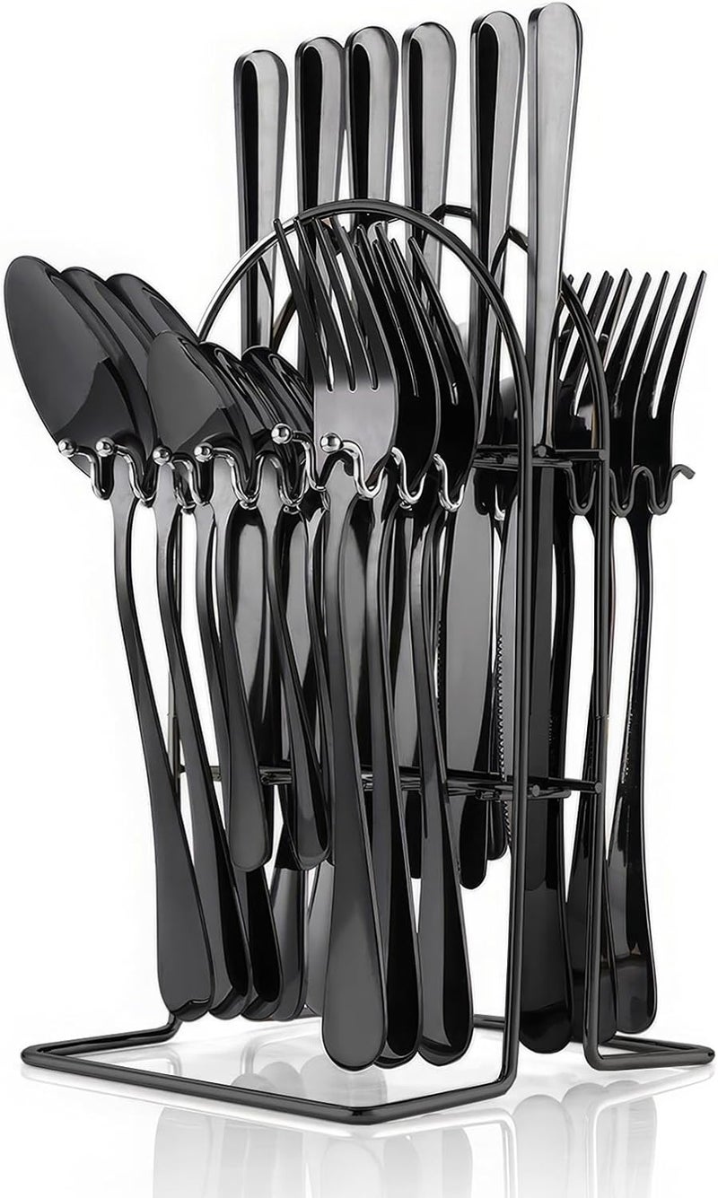 Caliamary Flatware Set Rack24 Piece Gilded Silverware Set with standHanging Stainless Steel Utensils Set Service for 6Eating Tableware Set Include Fork Knife Spoon Holder SetDishwasher Safe Black - Image 1