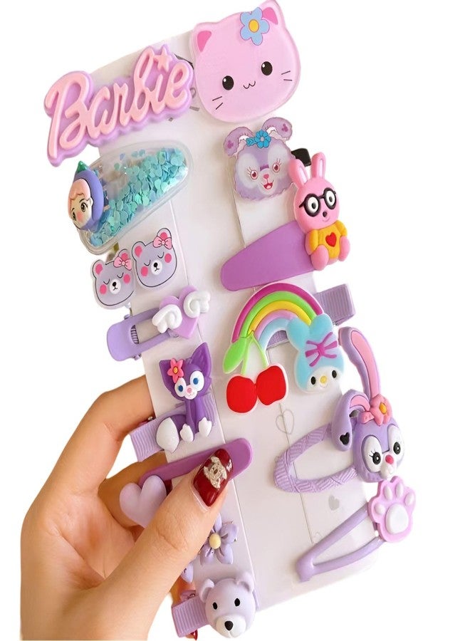 SYGA 14-Piece Baby Hair Clip Set for Girls Cute Cartoon & Floral Patterns Hair Pin Barbie, Cute Cat, Bunny, Bear, Rainbow, Heart - Purple - Image 1