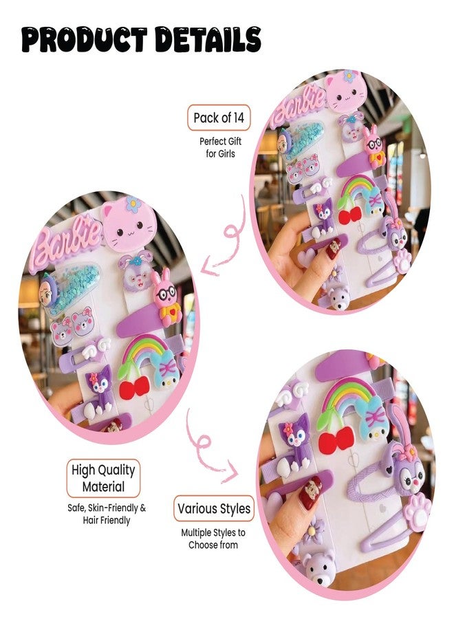 SYGA 14-Piece Baby Hair Clip Set for Girls Cute Cartoon & Floral Patterns Hair Pin Barbie, Cute Cat, Bunny, Bear, Rainbow, Heart - Purple - Image 4