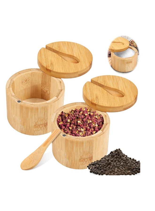 Bamboo Salt and Pepper Containers with Magnetic Swivel Lid and Spoon Set for Seasoning Spices and Sugar 2 Pieces - Image 1