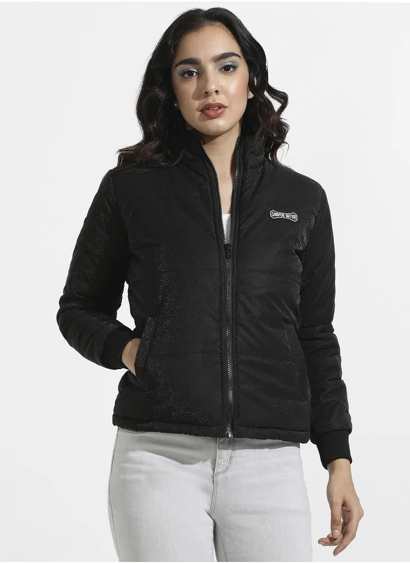 Campus Sutra Women's Black Zip-Front Bomber Jacket With Insert Pockets