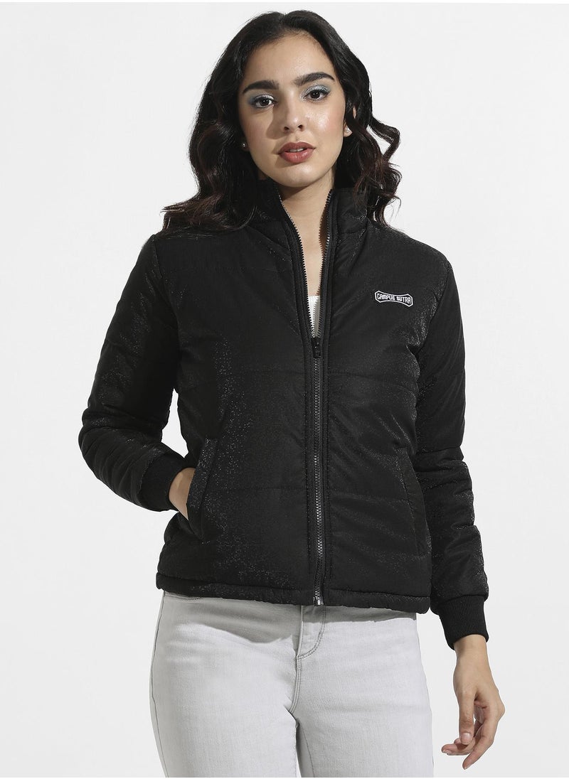 Campus Sutra Women's Black Zip-Front Bomber Jacket With Insert Pockets  - Image 2