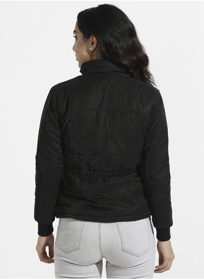 Campus Sutra Women's Black Zip-Front Bomber Jacket With Insert Pockets