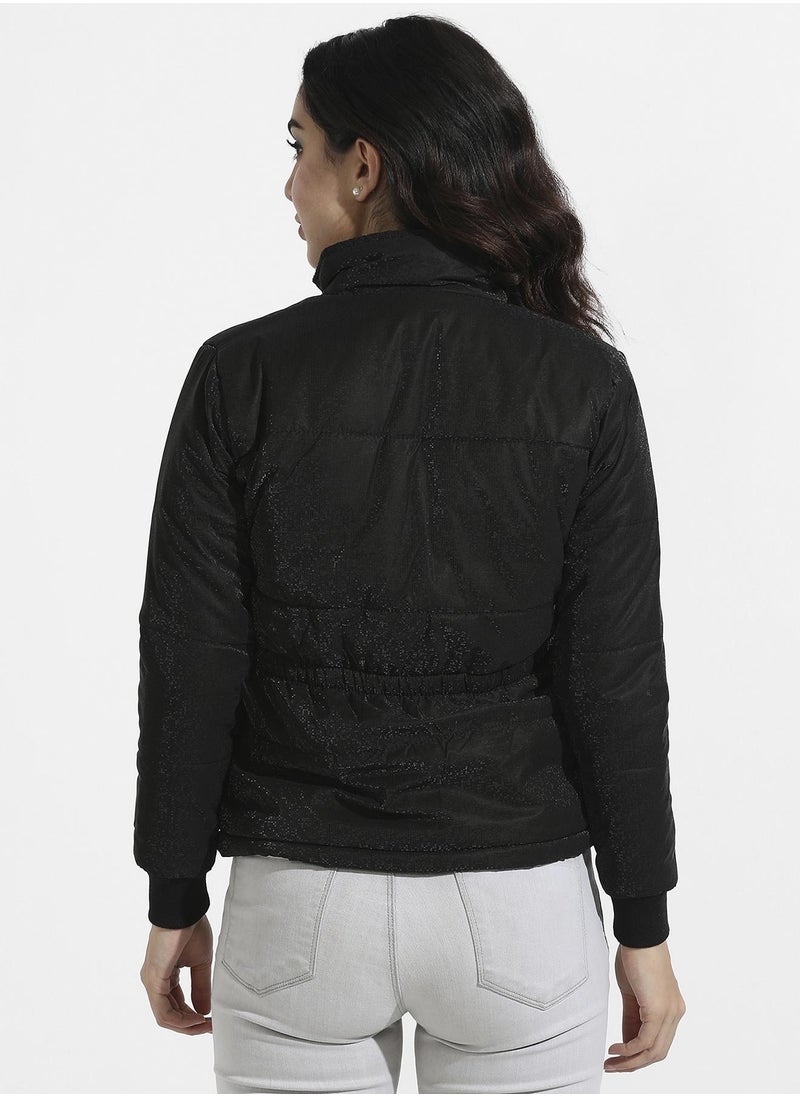 Campus Sutra Women's Black Zip-Front Bomber Jacket With Insert Pockets  - Image 5