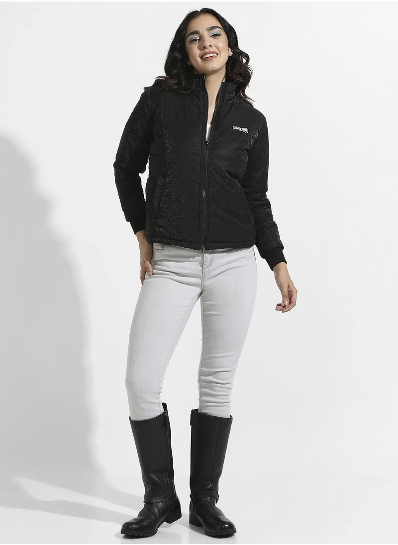 Campus Sutra Women's Black Zip-Front Bomber Jacket With Insert Pockets