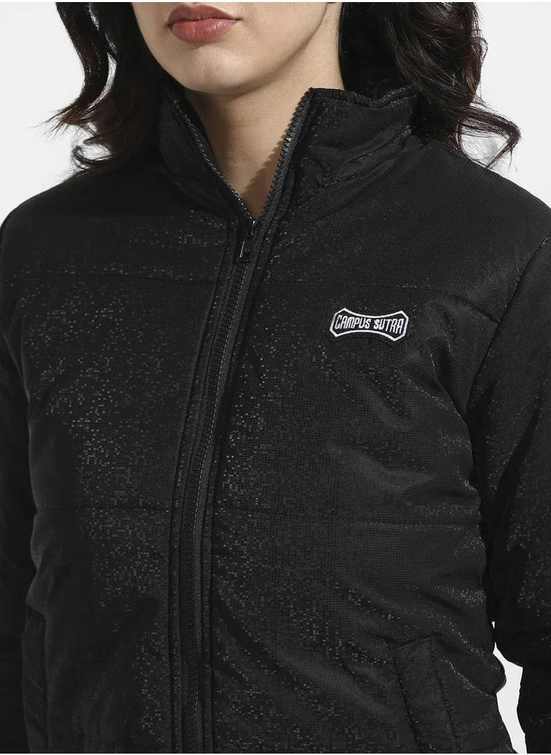 Campus Sutra Women's Black Zip-Front Bomber Jacket With Insert Pockets