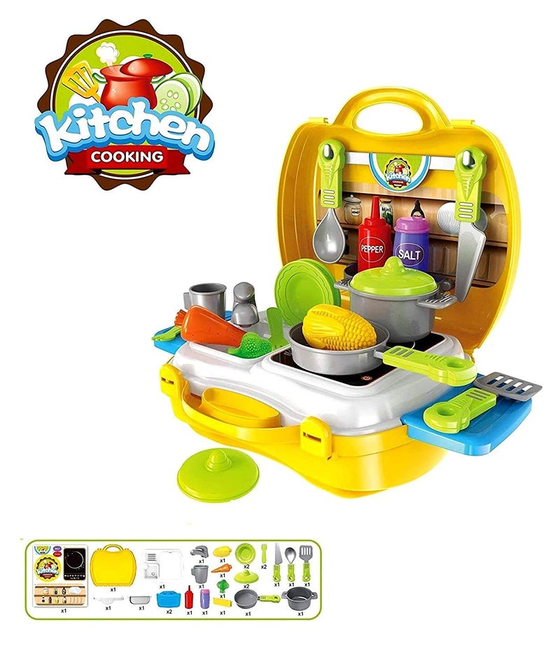 Authfort Attractive Dream Kitchen Set Cooking Suitcase Pretend Play Toys for Kids, Yellow - Image 2