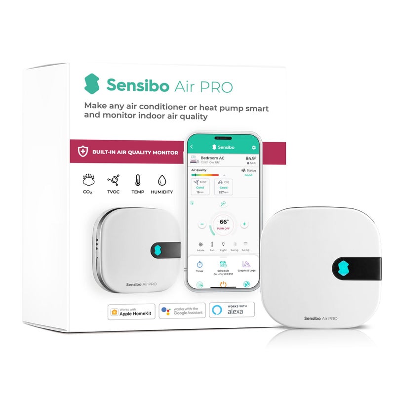 Sensibo Air PRO Air Conditioner Smart Controller Air Quality Sensor Smart Thermostat for Mini Split Window Portable AC Temp Humidity Sensors Google Alexa Siri Apple HomeKit Compatible