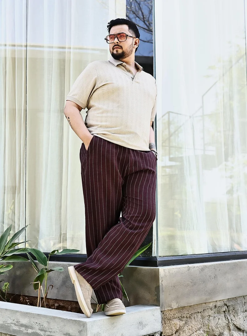 Instafab Plus  Instafab Plus Men's Burgundy Red Pinstriped Chino Trousers For Casual Wear | Mid-Rise | Regular Fit | Drawstring Closure | Plus Size Trousers Crafted With Comfort Fit For Everyday Wear for Men | Best Price UAE