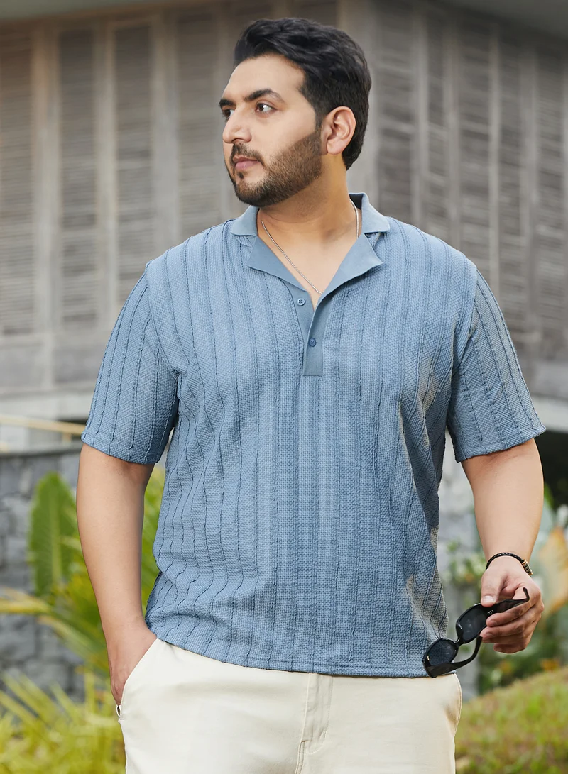 انستافاب بلس Instafab Plus Men's Icy Blue Wicker-Tactile Polo T-Shirt For Casual Wear | Polo Neck | Short Cuffed Sleeves | Half-Button Closure | Plus Size T-Shirt Crafted With Comfort Fit For Everyday Wear