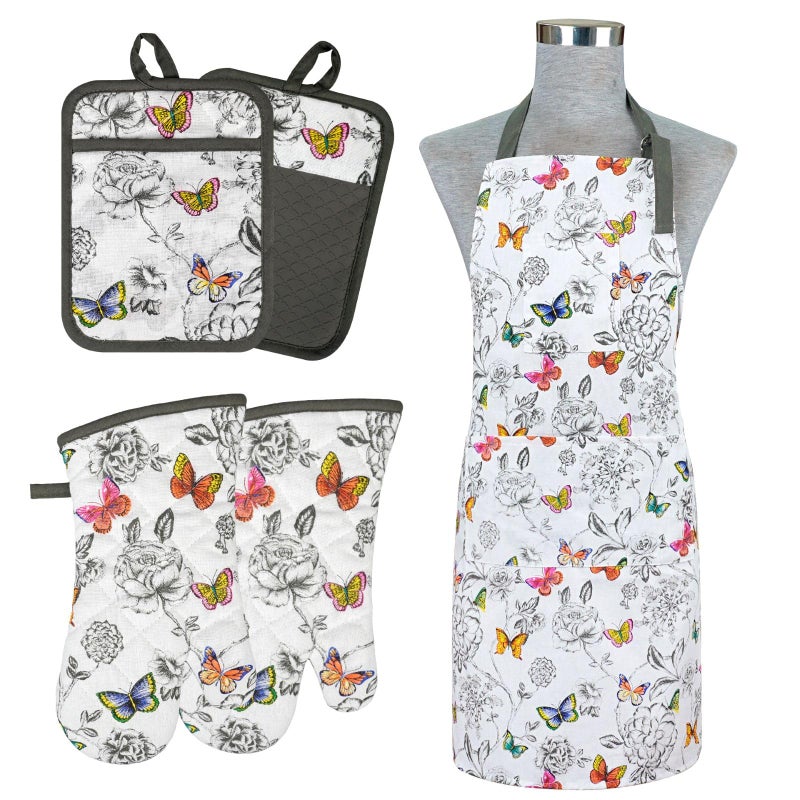 Alselo Oven Mitts and Pot Holders with Chaf ApronSet of 5 Heat Resistant Kitchen Gloves and Silicone NonSlip Potholders Adjustable Neck Buckle Apron Cotton Nice Design for Cooking Butterfly