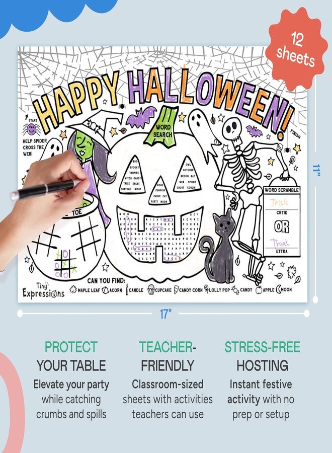 Tiny Expressions Halloween Placemats (Pack of 12 Pumpkin Placemats) | Coloring Activity Paper Table Mats for Parties & Events | Disposable Bulk Bundle Set - Image 2