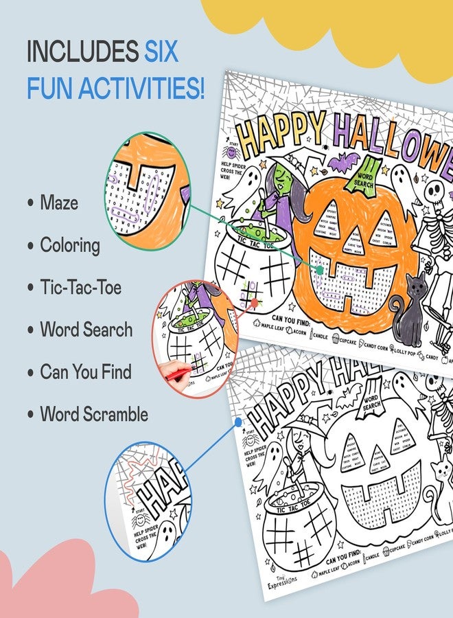 Tiny Expressions Halloween Placemats (Pack of 12 Pumpkin Placemats) | Coloring Activity Paper Table Mats for Parties & Events | Disposable Bulk Bundle Set - Image 4