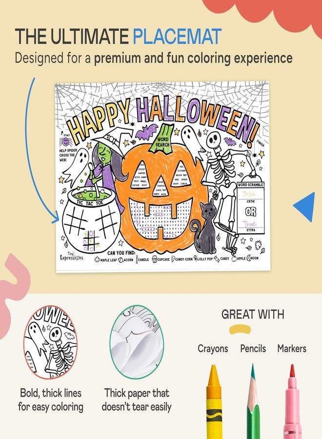 Tiny Expressions Halloween Placemats (Pack of 12 Pumpkin Placemats) | Coloring Activity Paper Table Mats for Parties & Events | Disposable Bulk Bundle Set - Image 5