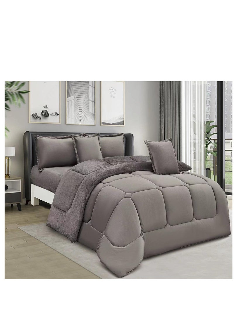 مينجلي مفرش سرير نفرين شتوي يتكون من 6 قطع بتصميم مخمل السادة والفرو مقاس اللحاف 240x220 سم