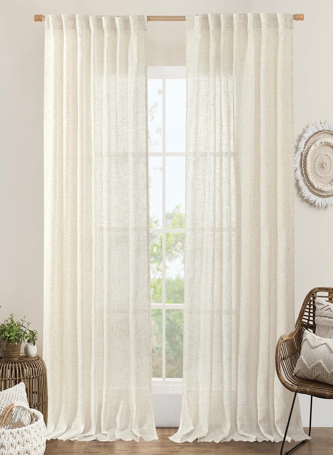 LAMIT Extra Wide Linen Curtains for Bedroom, Natural Cream Ivory Light Filtering Faux Linen Textured Panels Semi Sheer Back Tab and Rod Pocket Boho Drapes for Living Room, 2 Panels, 60 x 84 Inch - Image 1
