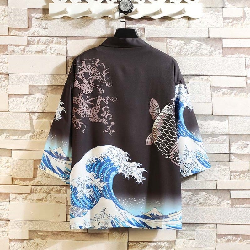 Mens Chinese Style Robe Set Fashion Trendy Hanfu Summer Tang Suit Traditional Costume Carassius auratus black single coat