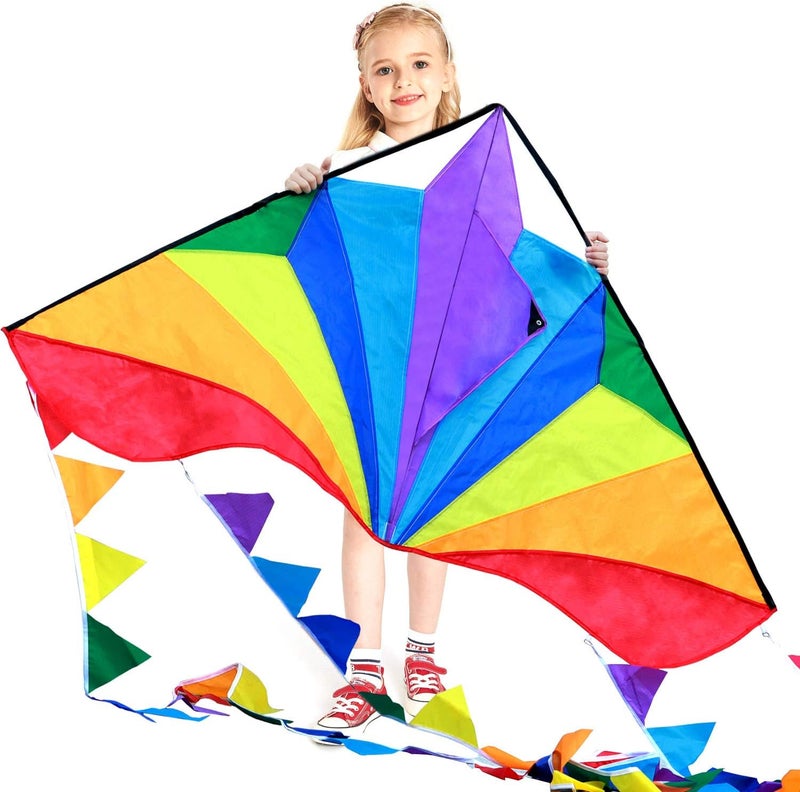 Honbo Large Delta Kite for Kids & Adults,Extremely Easy to Fly Kite for Beach Trip,String Line Included,with Colorful Tail,Perfect for Beginners - Image 1