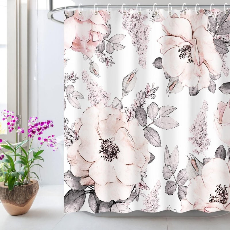 LIVILAN Pink Gray Flower Shower Curtain Watercolor Floral Shower Curtains with Hooks White Grey Fabric Blossom Bathroom Decor Machine Washable 72 W x 78 H